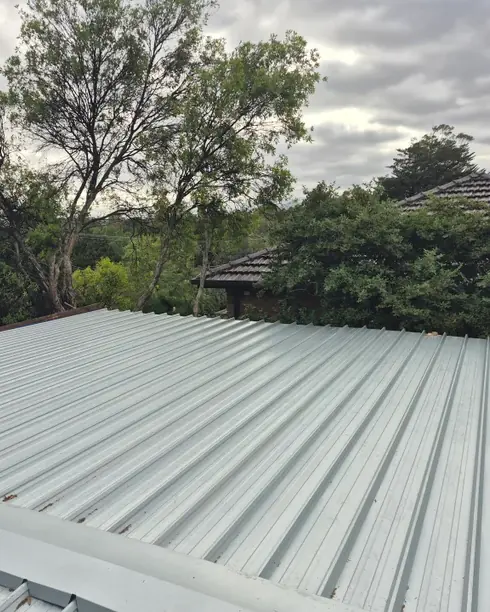 Looking along a finished light-coloured corrugated metal roof to the gutter line, with gum trees behind