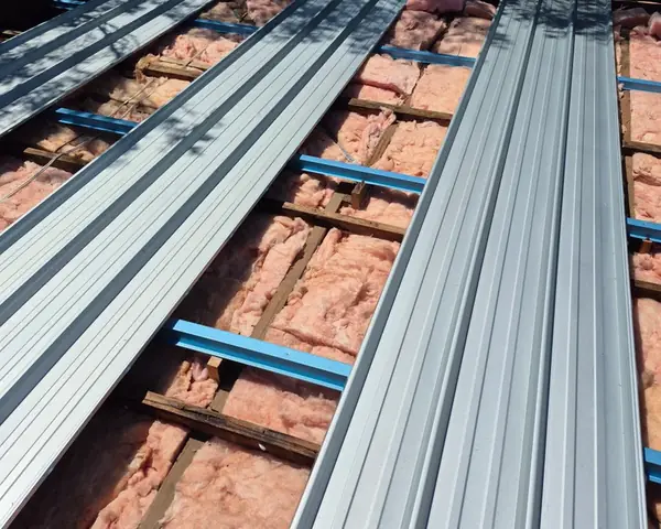 Metal battens and pink insulation batts on a roof frame, with new metal sheets being laid over them